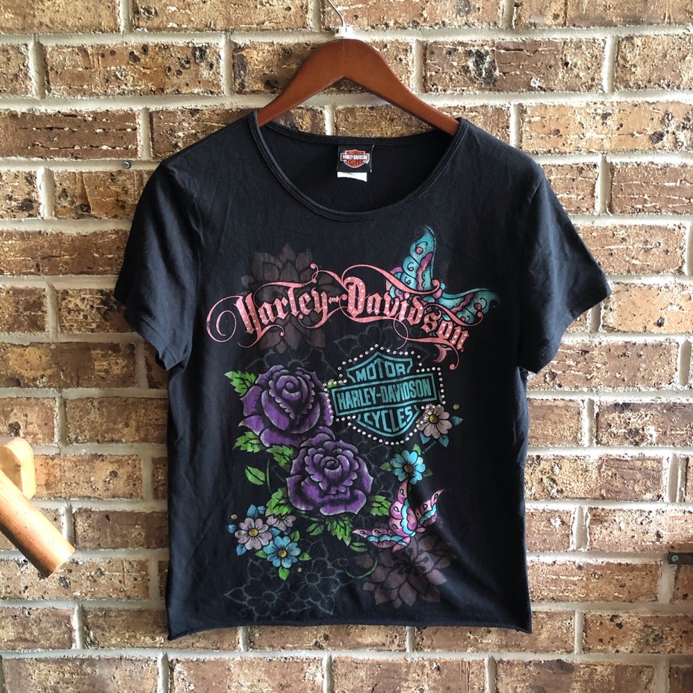VTG Y2K Harley Davidson Floral Bedazzled Baby Tee